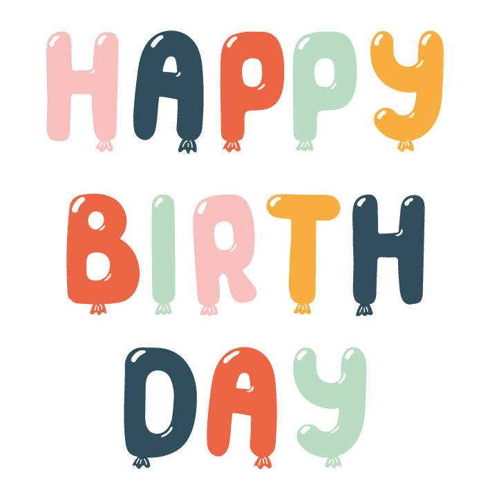 Happy birthday - Formaat: Normaal - Vorm: Vierkant - Verjaardagskaart - Op deze wenskaart staat de tekst "HAPPY BIRTH DAY" centraal, geschreven in de vorm van opgeblazen ballonnen in verschillende pastel- en aardetinten zoals roze, blauw, oranje en mintgroen. Elke letter is vormgegeven als een individuele ballon met een klein tuutje aan de onderkant en subtiele witte glansaccenten die een driedimensionaal effect geven. De illustratie is minimalistisch opgezet tegen een effen witte achtergrond, waardoor de 