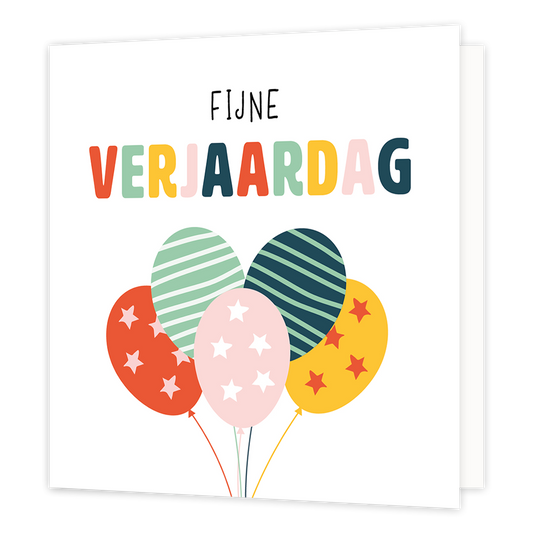 Fijne verjaardag - Formaat: Normaal - Vorm: Vierkant - Verjaardagskaart - Op deze wenskaart staan ballonnen in de kleuren rood, roze, groen en geel. Bovenaan staat de tekst: "Fijne verjaardag". - Snelwenskaart