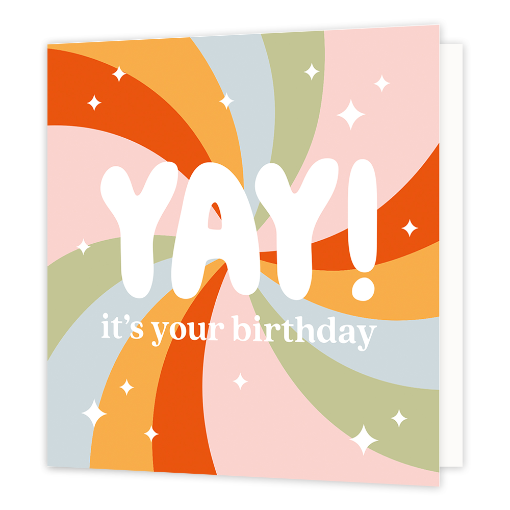 Yay! It's your birthday - Formaat: Normaal - Vorm: Vierkant - Verjaardagskaart - Op deze wenskaart staan lijnen in de kleuren oranje, rood, mintgroen, groen en roze. In het midden staat de tekst: "Yay! It's your birthday". - Snelwenskaart