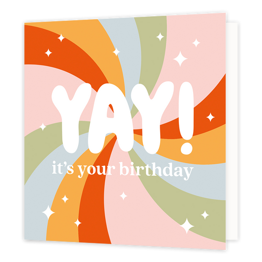 Yay! It's your birthday - Formaat: Normaal - Vorm: Vierkant - Verjaardagskaart - Op deze wenskaart staan lijnen in de kleuren oranje, rood, mintgroen, groen en roze. In het midden staat de tekst: "Yay! It's your birthday". - Snelwenskaart