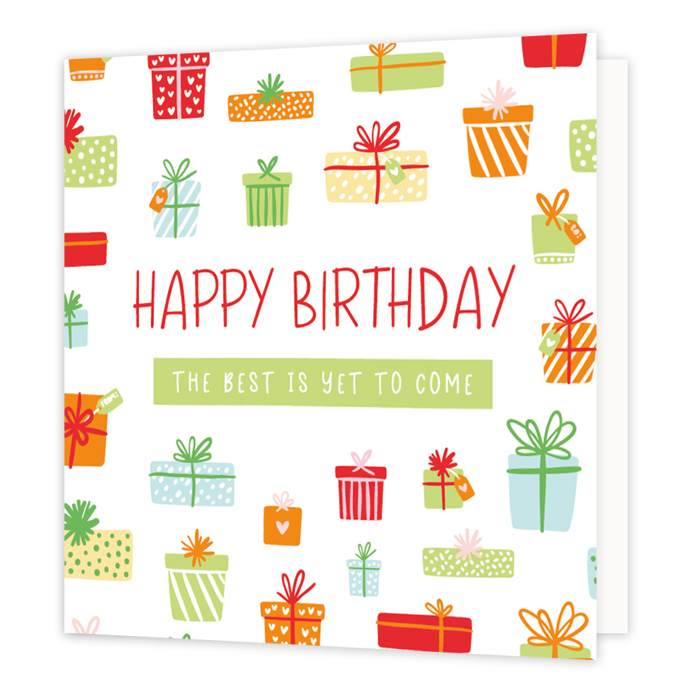 Happy birthday - Formaat: Normaal - Vorm: Vierkant - Verjaardagskaart - Op deze wenskaart staat de rode tekst "HAPPY BIRTHDAY" centraal, met daaronder de witte tekst "THE BEST IS YET TO COME" in een groen tekstvak. De witte achtergrond is rondom de tekst versierd met talloze getekende cadeautjes in verschillende vormen, maten en kleuren zoals rood, oranje en groen. Elk cadeautje is uniek gedecoreerd met patronen van stippen, strepen of hartjes en is afgewerkt met een kleurrijke strik of een cadeaulabel. - 