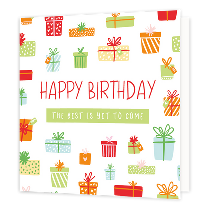 Happy birthday - Formaat: Normaal - Vorm: Vierkant - Verjaardagskaart - Op deze wenskaart staat de rode tekst "HAPPY BIRTHDAY" centraal, met daaronder de witte tekst "THE BEST IS YET TO COME" in een groen tekstvak. De witte achtergrond is rondom de tekst versierd met talloze getekende cadeautjes in verschillende vormen, maten en kleuren zoals rood, oranje en groen. Elk cadeautje is uniek gedecoreerd met patronen van stippen, strepen of hartjes en is afgewerkt met een kleurrijke strik of een cadeaulabel. - 