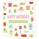 Happy birthday - Formaat: Normaal - Vorm: Vierkant - Verjaardagskaart - Op deze wenskaart staat de rode tekst "HAPPY BIRTHDAY" centraal, met daaronder de witte tekst "THE BEST IS YET TO COME" in een groen tekstvak. De witte achtergrond is rondom de tekst versierd met talloze getekende cadeautjes in verschillende vormen, maten en kleuren zoals rood, oranje en groen. Elk cadeautje is uniek gedecoreerd met patronen van stippen, strepen of hartjes en is afgewerkt met een kleurrijke strik of een cadeaulabel. - 