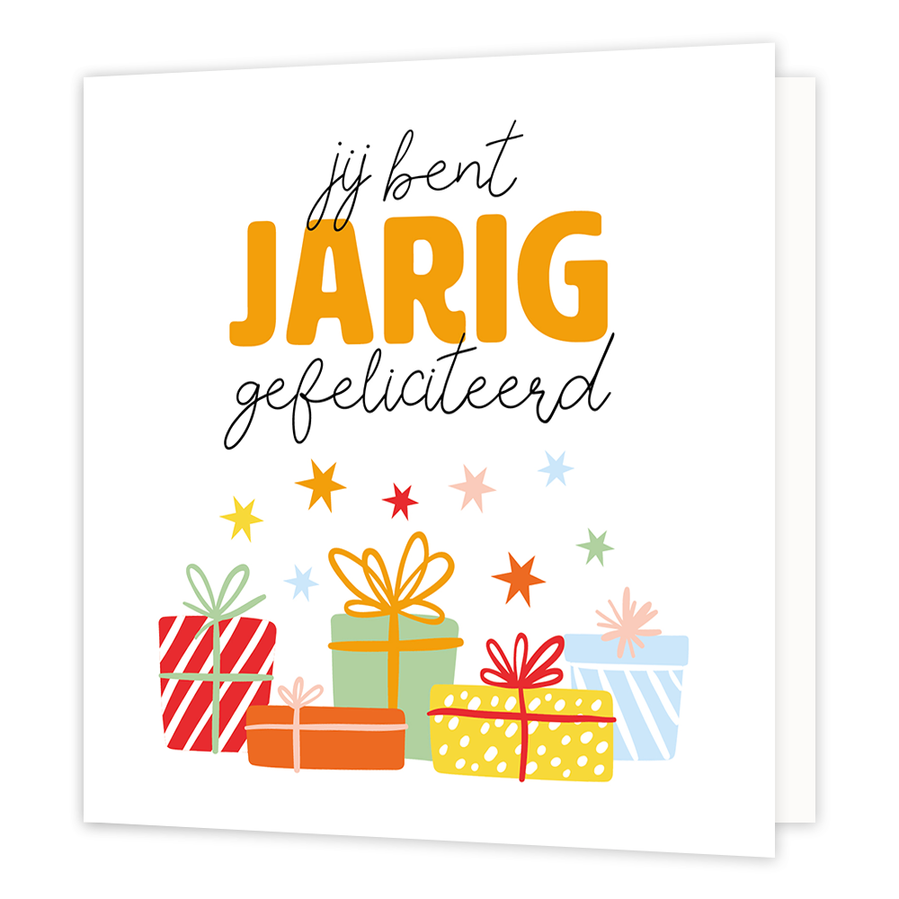 Jij bent jarig - Formaat: Normaal - Vorm: Vierkant - Verjaardagskaart - Op deze wenskaart staan cadeaus in de kleuren rood, groen, blauw, oranje en geel. Bovenaan staat de tekst: "Jij bent jarig gefeliciteerd". - Snelwenskaart