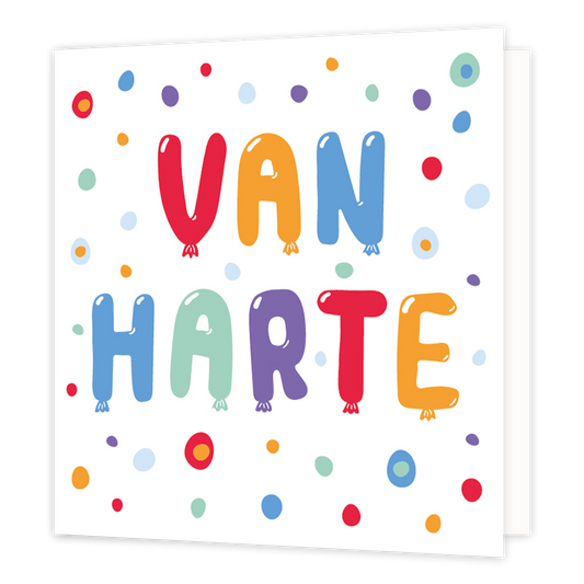 Van harte - Formaat: Normaal - Vorm: Vierkant - Verjaardagskaart - Op deze wenskaart staat de tekst: "Van harte" met stippen in diverse kleuren. - Snelwenskaart