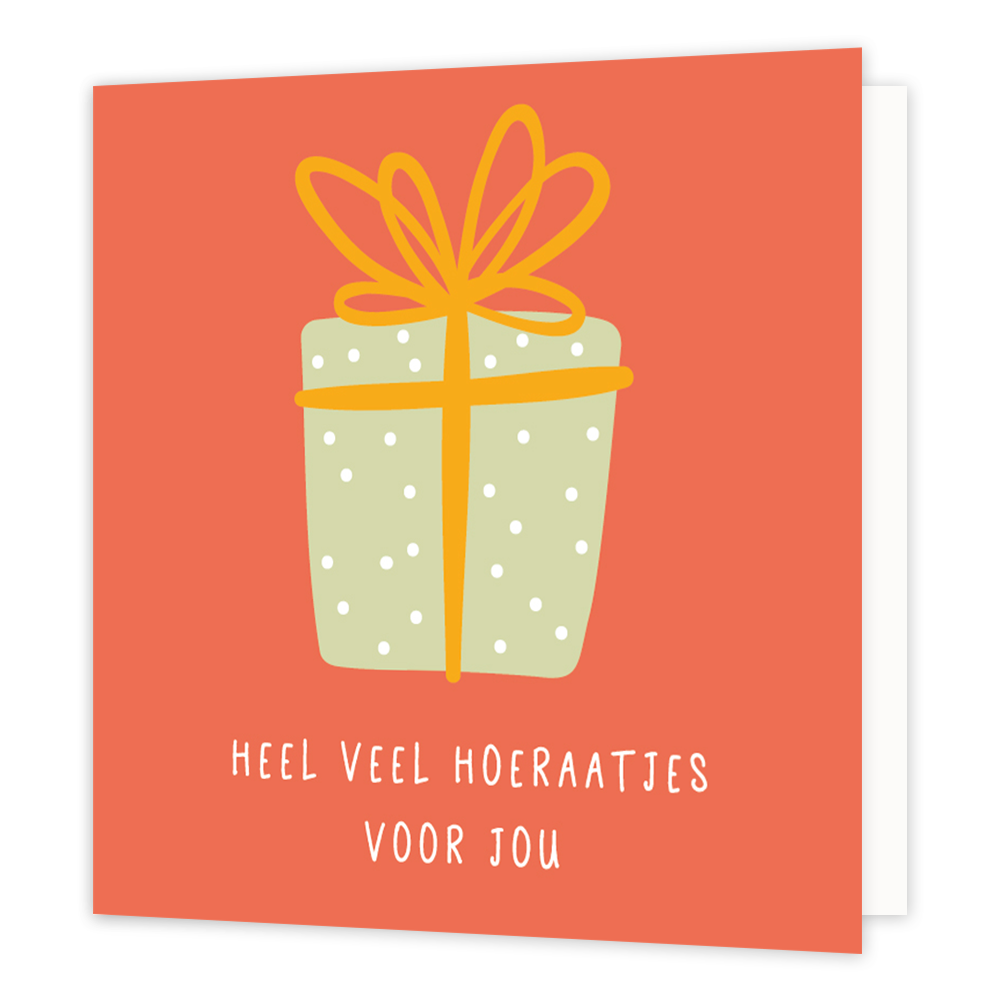 Heel veel hoeraatjes - Formaat: Normaal - Vorm: Vierkant - Verjaardagskaart - Op deze wenskaart staat een groot cadeau in de kleur mintgroen met daaronder de tekst: "Heel veel hoeraatjes voor jou". - Snelwenskaart