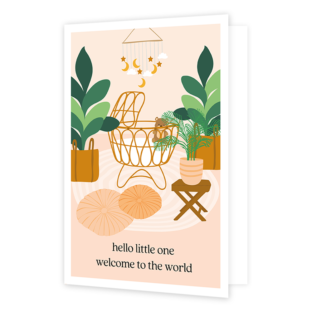 Hello little one - Formaat: Standaard - Vorm: Staand - Geboortekaart - Op deze wenskaart staat een kinderkamer met wiegje, teddybeer en muziekmobiel. Onder de illustratie staat de tekst: "Hello little one welcome to the world". - Snelwenskaart