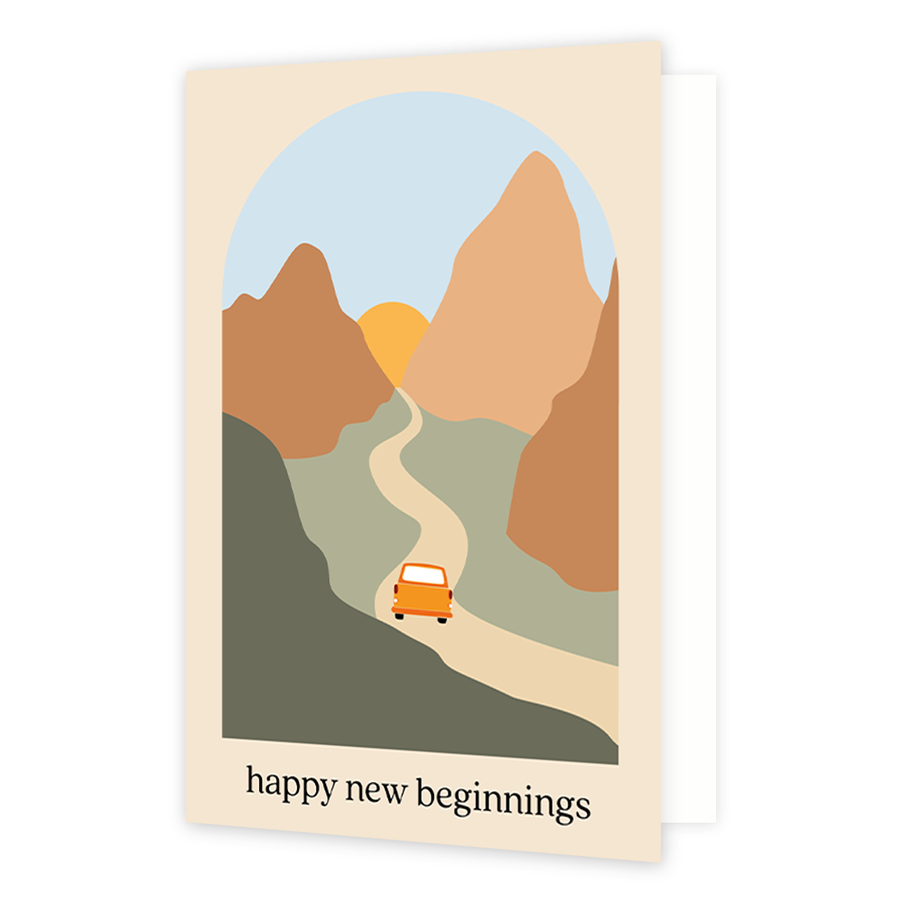Happy new beginnings - Formaat: Normaal - Vorm: Staand - Succes kaart - Op deze wenskaart staat een auto die door de bergen heen rijd naar de zon. Onder de illustratie staat de tekst: "Happy new beginnings". - Snelwenskaart