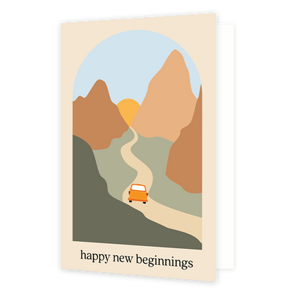 Happy new beginnings - Formaat: Normaal - Vorm: Staand - Succes kaart - Op deze wenskaart staat een auto die door de bergen heen rijd naar de zon. Onder de illustratie staat de tekst: "Happy new beginnings". - Snelwenskaart