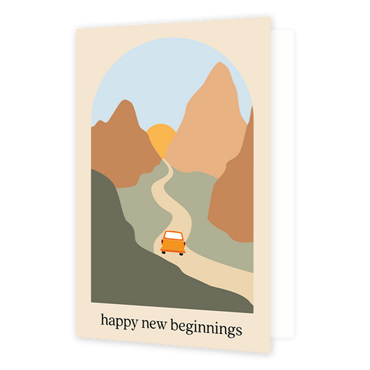 Happy new beginnings - Formaat: Normaal - Vorm: Staand - Succes kaart - Op deze wenskaart staat een auto die door de bergen heen rijd naar de zon. Onder de illustratie staat de tekst: "Happy new beginnings". - Snelwenskaart