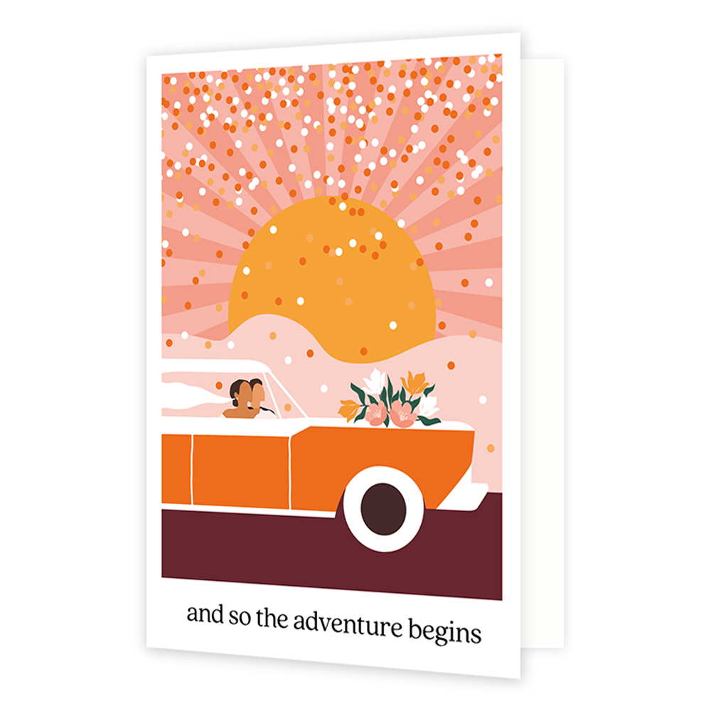 And so the adventures begin - Formaat: Normaal - Vorm: Staand - Huwelijkskaart - Op deze wenskaart staat een auto met een bruidspaar erin met een zon op de achtergrond. Onder de illustratie staat de tekst: "And so the adventure begins". - Snelwenskaart
