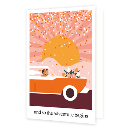 And so the adventures begin - Formaat: Normaal - Vorm: Staand - Huwelijkskaart - Op deze wenskaart staat een auto met een bruidspaar erin met een zon op de achtergrond. Onder de illustratie staat de tekst: "And so the adventure begins". - Snelwenskaart