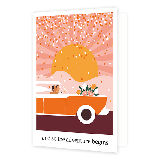 And so the adventures begin - Formaat: Normaal - Vorm: Staand - Huwelijkskaart - Op deze wenskaart staat een auto met een bruidspaar erin met een zon op de achtergrond. Onder de illustratie staat de tekst: "And so the adventure begins". - Snelwenskaart