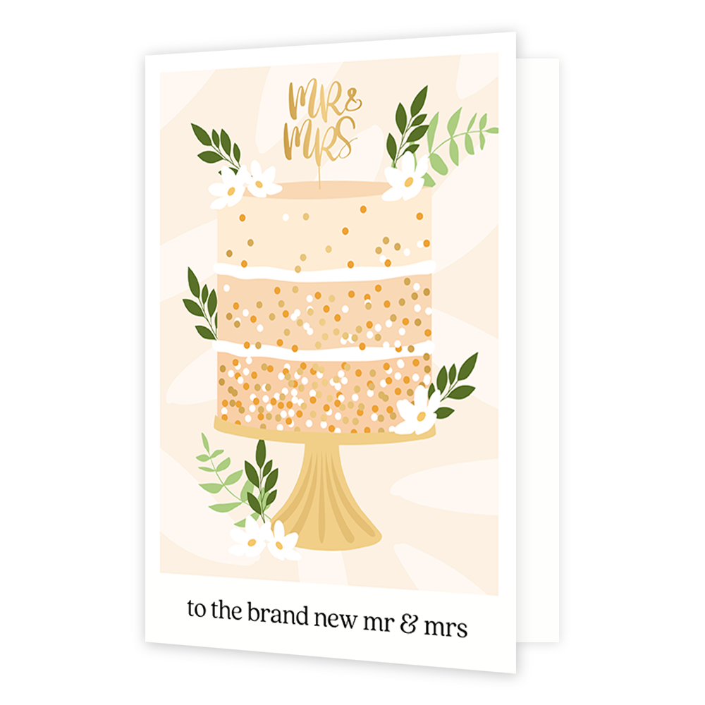 To the brand new mr & mrs - Formaat: Normaal - Vorm: Staand - Huwelijkskaart - Op deze wenskaart staat een grote bruidstaart met daarboven op een prikker met MR & MRS. Onder de illustratie staat de tekst: "To the brand new MR & MRS". - Snelwenskaart