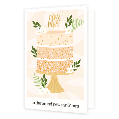 To the brand new mr & mrs - Formaat: Normaal - Vorm: Staand - Huwelijkskaart - Op deze wenskaart staat een grote bruidstaart met daarboven op een prikker met MR & MRS. Onder de illustratie staat de tekst: "To the brand new MR & MRS". - Snelwenskaart