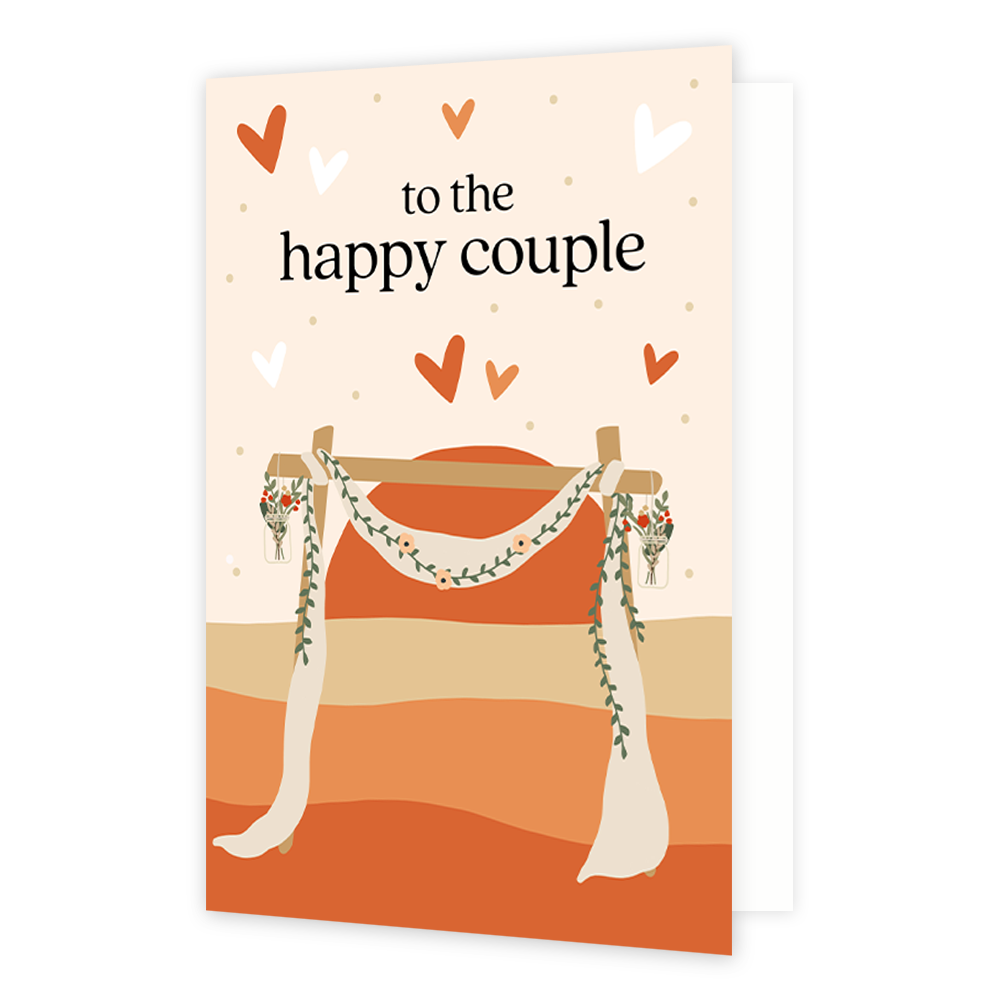 To the happy couple - Formaat: Normaal - Vorm: Staand - Huwelijkskaart - Op deze wenskaart staat een zon met een bruidspaviljoen. Boven de illustratie staat de tekst: "To the happy couple". - Snelwenskaart