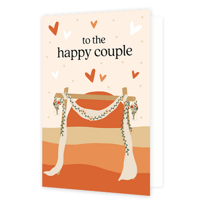 To the happy couple - Formaat: Normaal - Vorm: Staand - Huwelijkskaart - Op deze wenskaart staat een zon met een bruidspaviljoen. Boven de illustratie staat de tekst: "To the happy couple". - Snelwenskaart