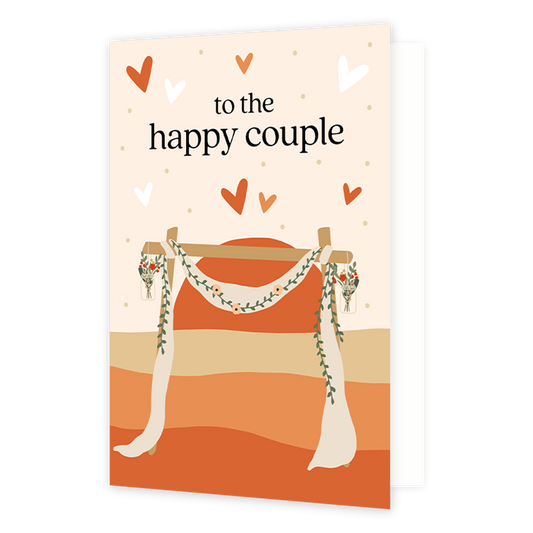 To the happy couple - Formaat: Normaal - Vorm: Staand - Huwelijkskaart - Op deze wenskaart staat een zon met een bruidspaviljoen. Boven de illustratie staat de tekst: "To the happy couple". - Snelwenskaart