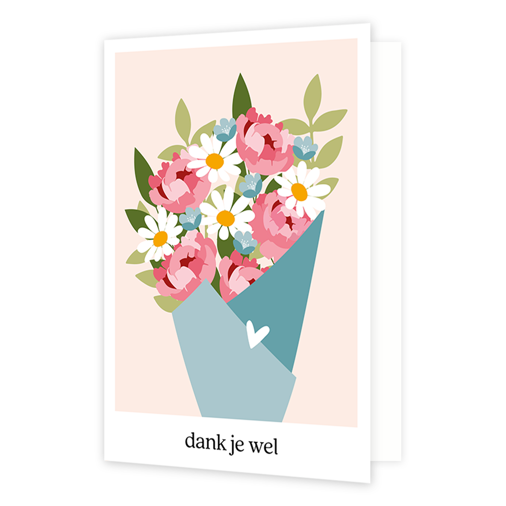 Dank je wel - Formaat: Normaal - Vorm: Staand - Bedankkaart - Op deze wenskaart staat een bos bloemen in de kleuren roze, groen, blauw, wit en geel. Onder de illustratie staat de tekst: "Dank je wel". - Snelwenskaart