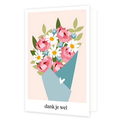 Dank je wel - Formaat: Normaal - Vorm: Staand - Bedankkaart - Op deze wenskaart staat een bos bloemen in de kleuren roze, groen, blauw, wit en geel. Onder de illustratie staat de tekst: "Dank je wel". - Snelwenskaart