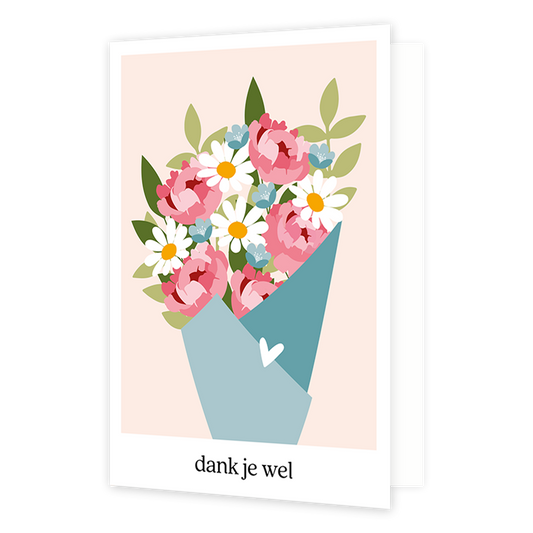 Dank je wel - Formaat: Normaal - Vorm: Staand - Bedankkaart - Op deze wenskaart staat een bos bloemen in de kleuren roze, groen, blauw, wit en geel. Onder de illustratie staat de tekst: "Dank je wel". - Snelwenskaart