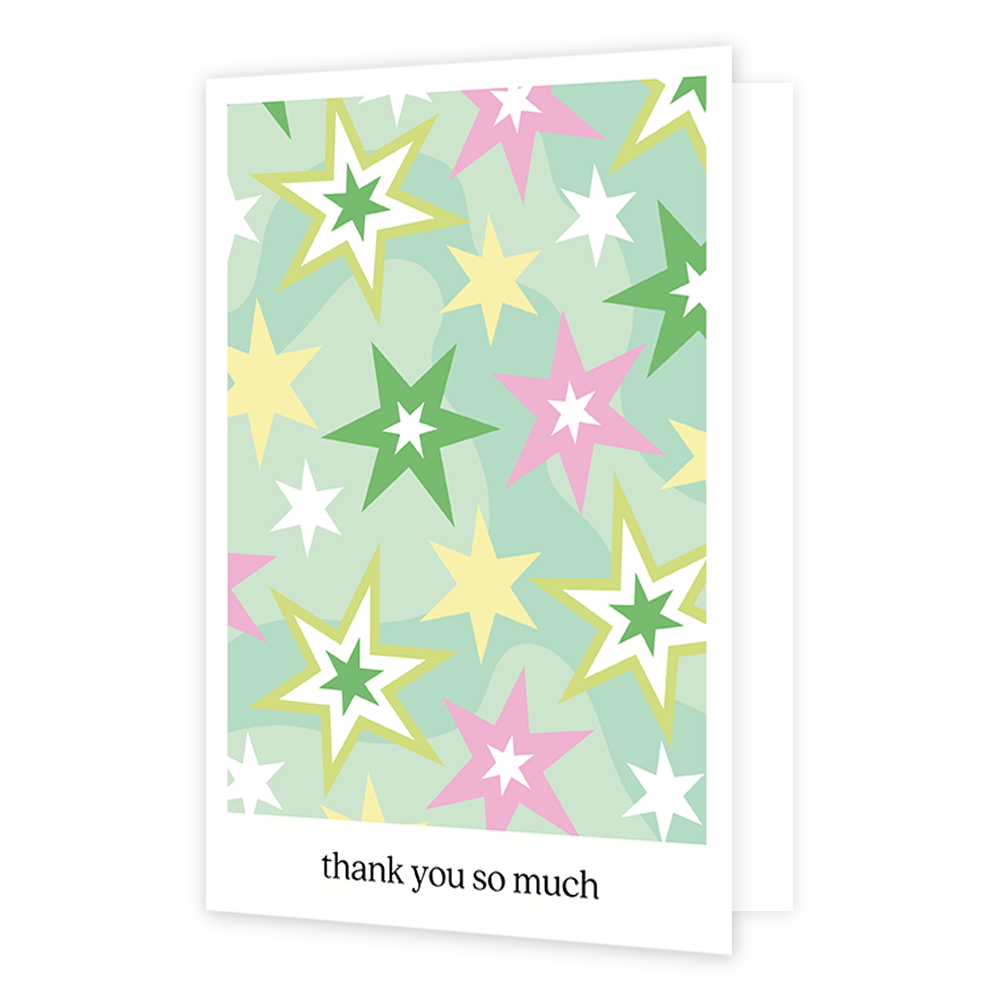 Thank you so much - Formaat: Normaal - Vorm: Staand - Bedankkaart - Op deze wenskaart staan sterren in diverse kleuren groen, roze, geel en wit. Onder de illustratie staat de tekst: "Thank you so much". - Snelwenskaart
