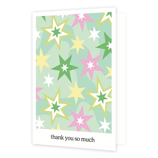 Thank you so much - Formaat: Normaal - Vorm: Staand - Bedankkaart - Op deze wenskaart staan sterren in diverse kleuren groen, roze, geel en wit. Onder de illustratie staat de tekst: "Thank you so much". - Snelwenskaart