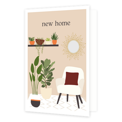 New home - Formaat: Normaal - Vorm: Staand - Woningkaart - Op deze wenskaart staat een woonkamer planten, een spiegel en witte zitstoel. Boven de illustratie staat de tekst: "New home". - Snelwenskaart
