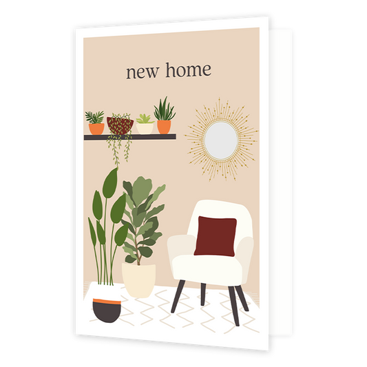 New home - Formaat: Normaal - Vorm: Staand - Woningkaart - Op deze wenskaart staat een woonkamer planten, een spiegel en witte zitstoel. Boven de illustratie staat de tekst: "New home". - Snelwenskaart