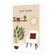 New home - Formaat: Standaard - Vorm: Staand - Woningkaart - Op deze wenskaart staat een woonkamer planten, een spiegel en witte zitstoel. Boven de illustratie staat de tekst: "New home". - Snelwenskaart