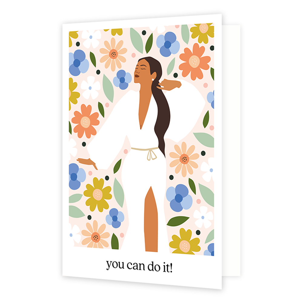 You can do it - Formaat: Normaal - Vorm: Staand - Succes kaart - Op deze wenskaart staat een vrouw in een witte jurk met bloemen op de achtergrond. Onder de illustratie staat de tekst: "You can do it!". - Snelwenskaart