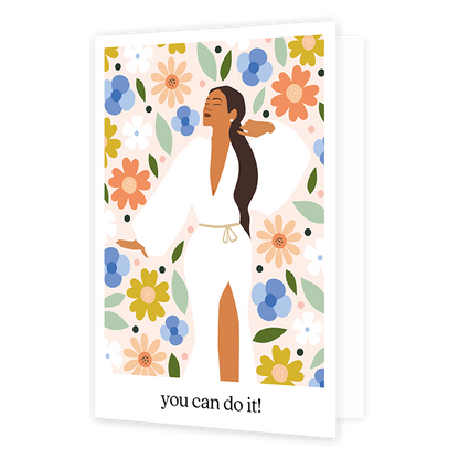 You can do it - Formaat: Normaal - Vorm: Staand - Succes kaart - Op deze wenskaart staat een vrouw in een witte jurk met bloemen op de achtergrond. Onder de illustratie staat de tekst: "You can do it!". - Snelwenskaart