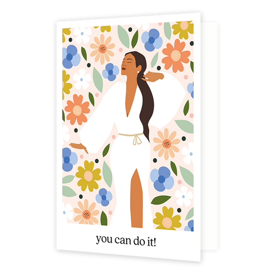 You can do it - Formaat: Normaal - Vorm: Staand - Succes kaart - Op deze wenskaart staat een vrouw in een witte jurk met bloemen op de achtergrond. Onder de illustratie staat de tekst: "You can do it!". - Snelwenskaart