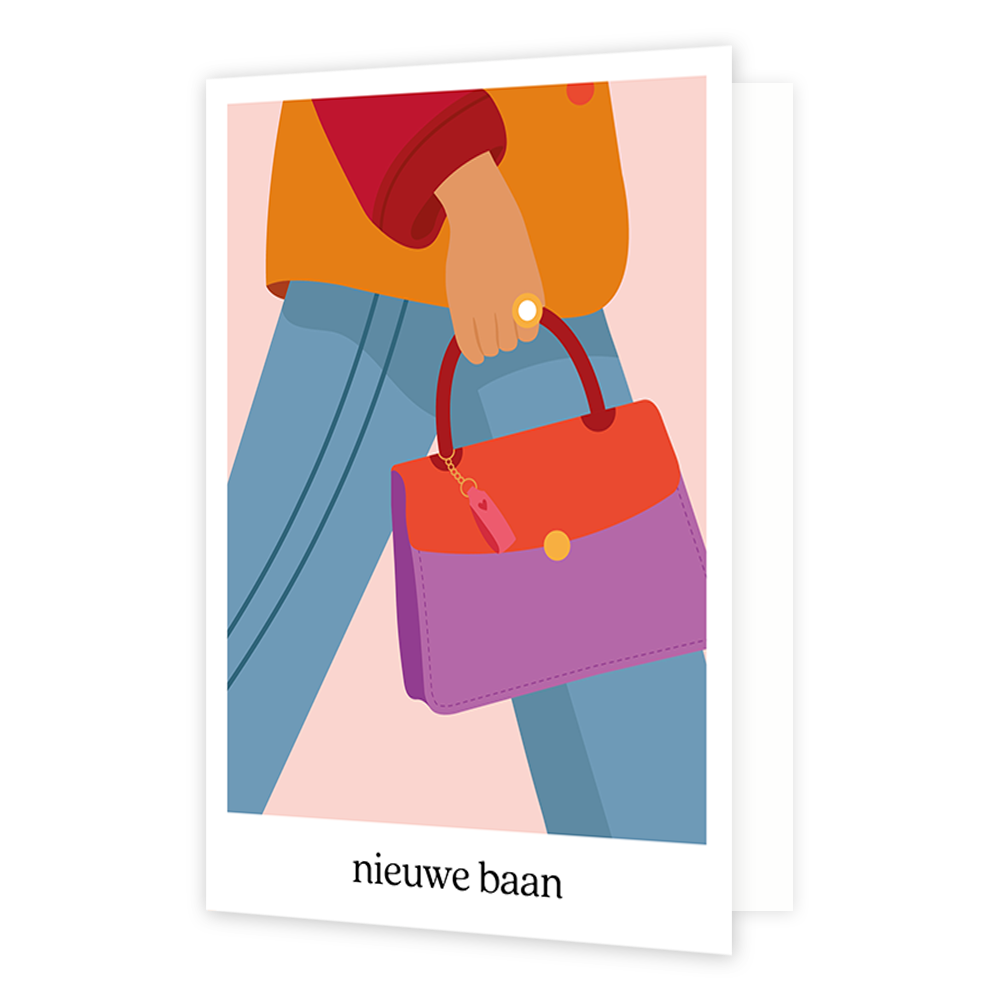 Nieuwe baan - Formaat: Normaal - Vorm: Staand - Succes kaart - Op deze wenskaart staat een persoon die een rood/paarse handtas vast heeft. Onder de illustratie staat de tekst: "Nieuwe baan". - Snelwenskaart