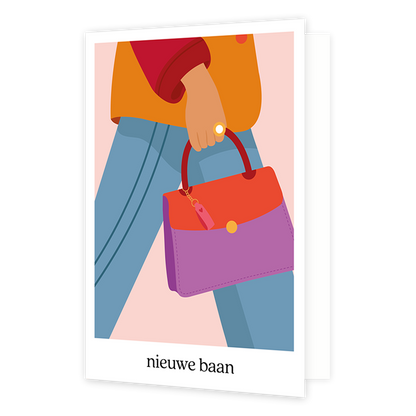 Nieuwe baan - Formaat: Normaal - Vorm: Staand - Succes kaart - Op deze wenskaart staat een persoon die een rood/paarse handtas vast heeft. Onder de illustratie staat de tekst: "Nieuwe baan". - Snelwenskaart