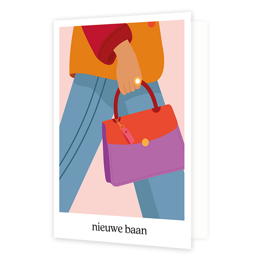 Nieuwe baan - Formaat: Normaal - Vorm: Staand - Succes kaart - Op deze wenskaart staat een persoon die een rood/paarse handtas vast heeft. Onder de illustratie staat de tekst: "Nieuwe baan". - Snelwenskaart