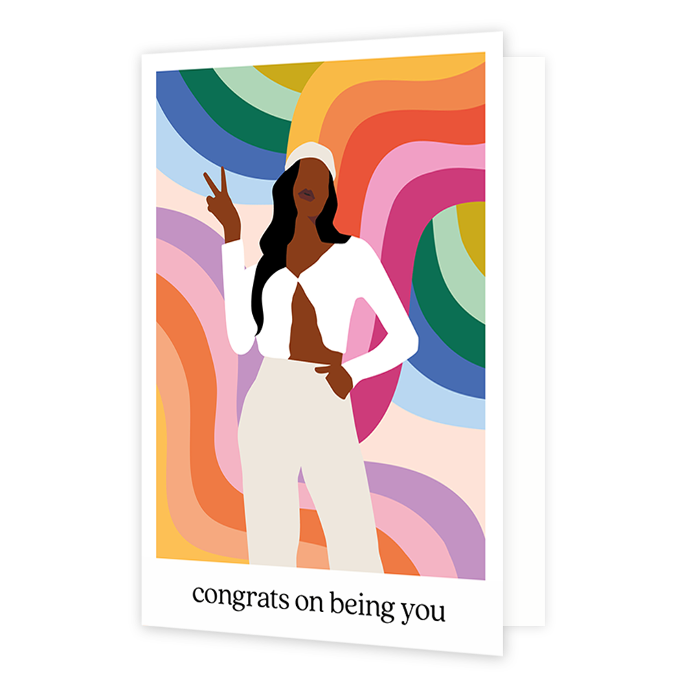 Congrats on being you - Formaat: Standaard - Vorm: Staand - Felicitatiekaart - Op deze wenskaart staat een vrouw die een peace teken maakt met haar vingers, op een achtergrond met lijnen in de kleuren oranje, geel, rood, roze, groen. blauw, paars en wit. Over de illustratie staat: "Congrats on being you". - Snelwenskaart