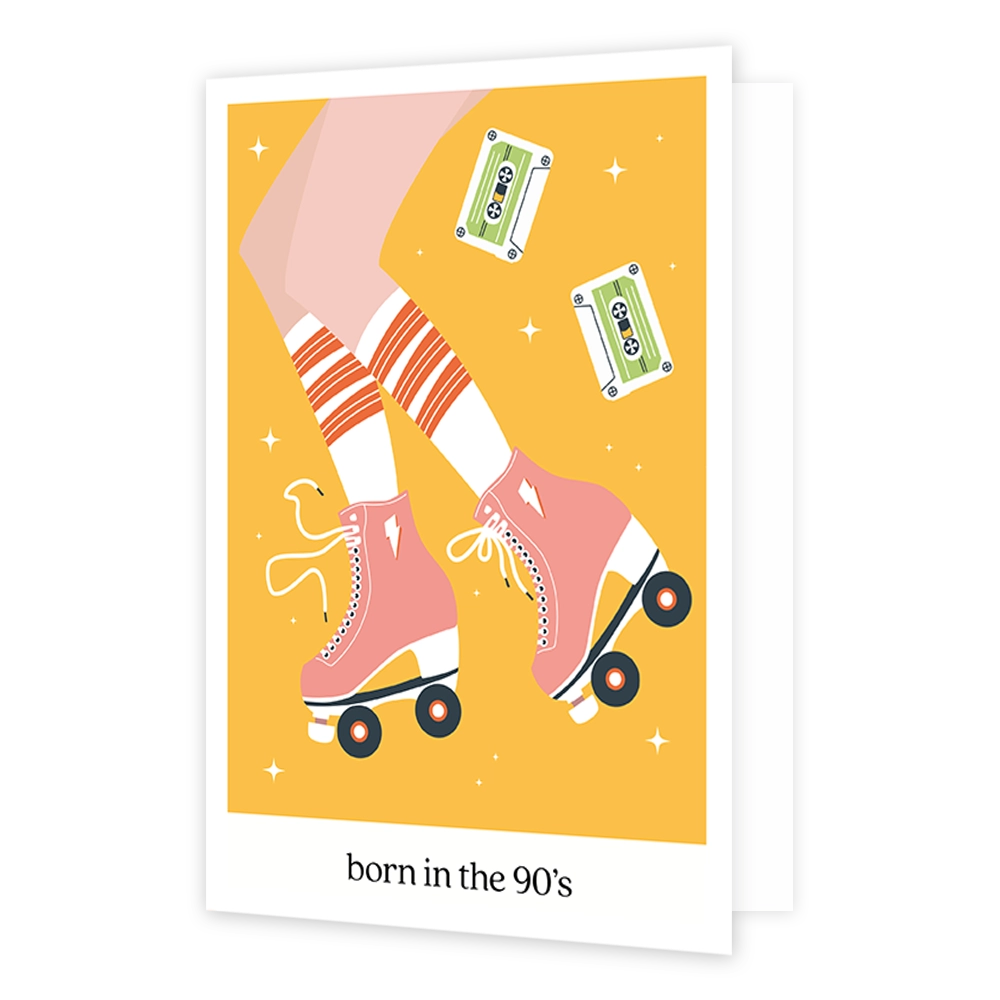 Op deze wenskaart staan twee benen met rollerskates aan de voeten. Ook zie je twee casette bandjes.