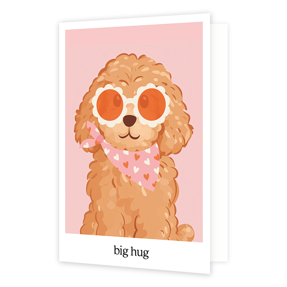 Big hug - Formaat: Normaal - Vorm: Staand - Vriendschapskaart - Op deze wenskaart staat een hond met zonnenbril en een slabbertje met hartjes erop, op een lichtroze achtergrond. Onder de illustratie staat de tekst: "Big hug". - Snelwenskaart