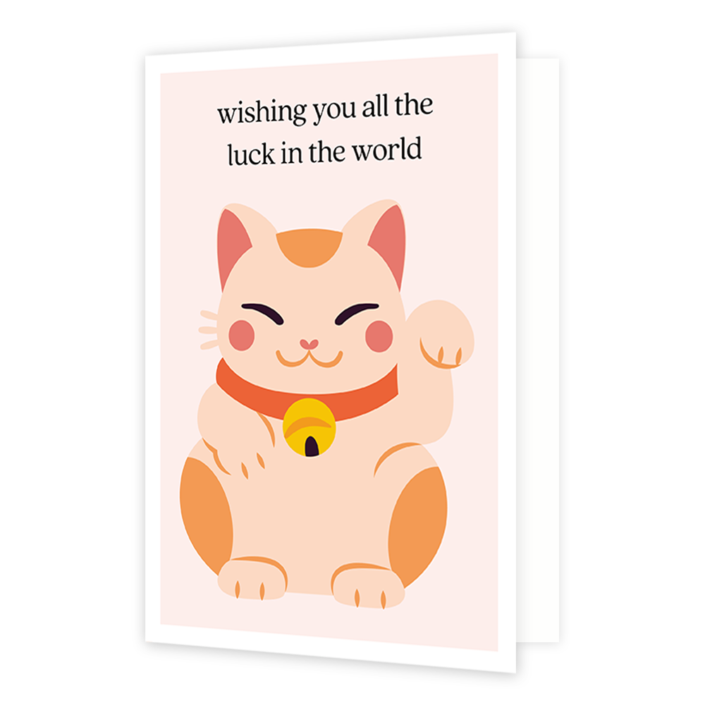Wishing you all the luck in the world - Formaat: Normaal - Vorm: Staand - Succes kaart - Op deze wenskaart staat een kat die lijkt te zwaaien met zijn hand. Boven de illustratie staat de tekst: "Wishing you all the luck in the world". - Snelwenskaart