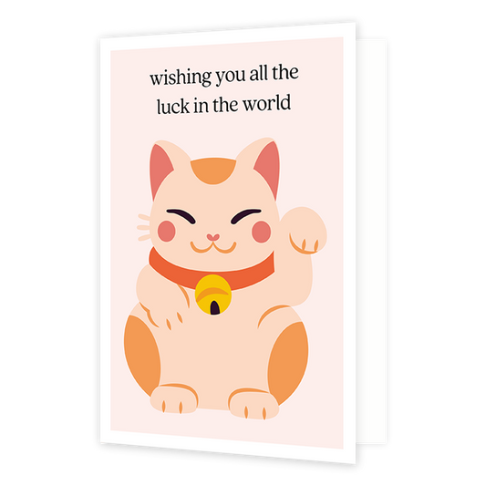 Wishing you all the luck in the world - Formaat: Normaal - Vorm: Staand - Succes kaart - Op deze wenskaart staat een kat die lijkt te zwaaien met zijn hand. Boven de illustratie staat de tekst: "Wishing you all the luck in the world". - Snelwenskaart