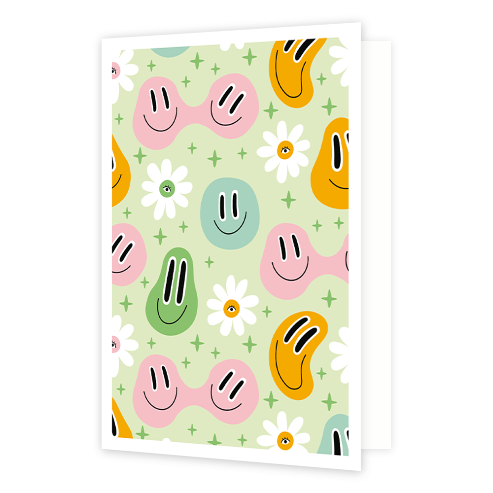 Smileys - Formaat: Normaal - Vorm: Staand - Blanco kaart - Op deze wenskaart staan smileys in de kleuren groen, blauw, roze en oranje met bloemen erom heen. - Snelwenskaart