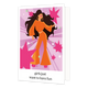 Girls just want to have fun - Formaat: Standaard - Vorm: Staand - Vriendschapskaart - Op deze wenskaart staat een gestileerde illustratie van een dansende vrouw met lang, donker haar, in een oranje set met wijde mouwen, uitlopende broekspijpen en roze plateauzolen. Ze draagt grote gouden oorringen en staat centraal voor een achtergrond van roze stralen met decoratieve sterren en cirkels. Onderaan staat de tekst "girls just want to have fun". De illustratie ademt een vrolijke, retro-geïnspireerde discosfeer