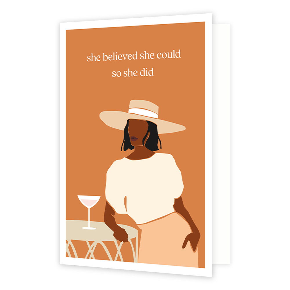 She believed she could so she did - Formaat: Normaal - Vorm: Staand - Succes kaart - Op deze wenskaart staat en vrouw die aan een tafel staat waar een cocktail glas op staat. Boven de illustratie staat de tekst: "She believed sh could so she did". - Snelwenskaart