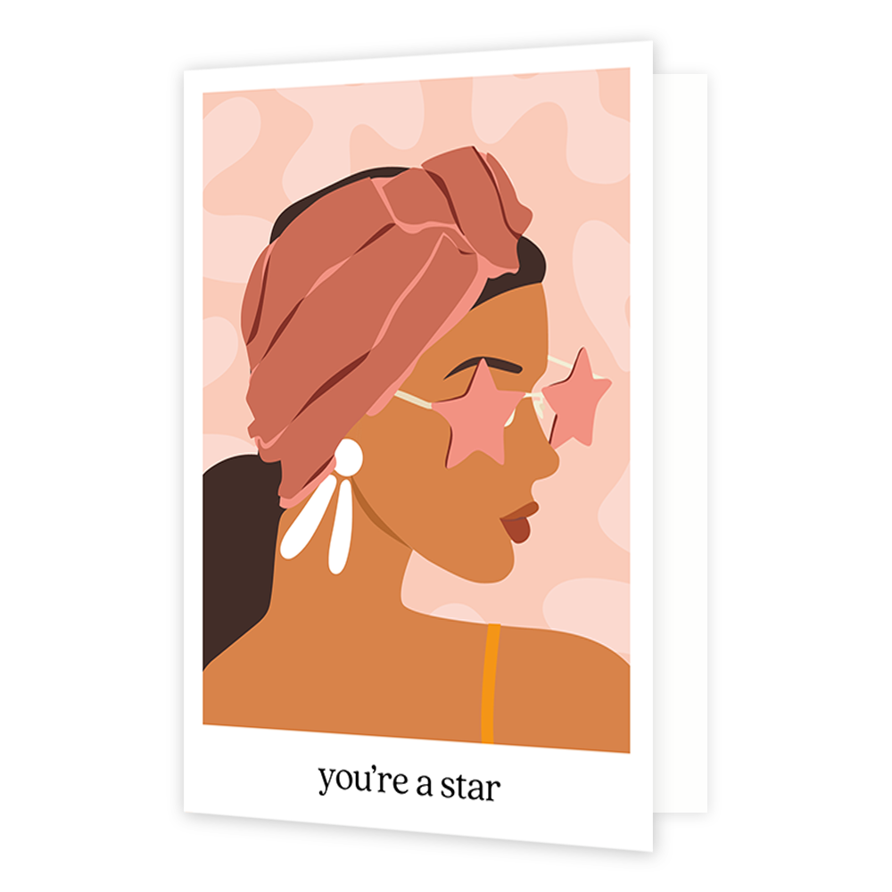 You're a star - Formaat: Normaal - Vorm: Staand - Complimentenkaart - Op deze wenskaart staat een vrouw met een bandana om en een sterrenzonnenbril op. Onder de illustratie staat de tekst: "You're a star". - Snelwenskaart