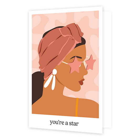 You're a star - Formaat: Normaal - Vorm: Staand - Complimentenkaart - Op deze wenskaart staat een vrouw met een bandana om en een sterrenzonnenbril op. Onder de illustratie staat de tekst: "You're a star". - Snelwenskaart
