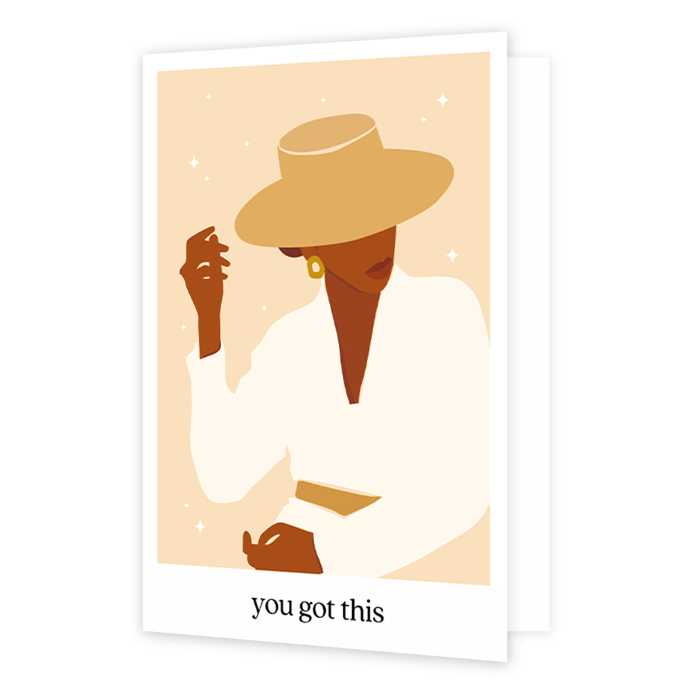 You got this - Formaat: Normaal - Vorm: Staand - Succes kaart - Op deze wenskaart staat een vrouw met een witte jurk en grote hoed. Onder de illustratie staat de tekst: "You got this". - Snelwenskaart
