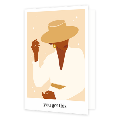 You got this - Formaat: Normaal - Vorm: Staand - Succes kaart - Op deze wenskaart staat een vrouw met een witte jurk en grote hoed. Onder de illustratie staat de tekst: "You got this". - Snelwenskaart