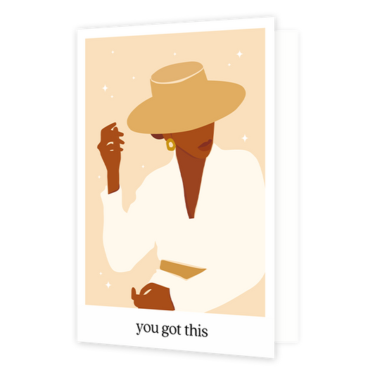You got this - Formaat: Normaal - Vorm: Staand - Succes kaart - Op deze wenskaart staat een vrouw met een witte jurk en grote hoed. Onder de illustratie staat de tekst: "You got this". - Snelwenskaart