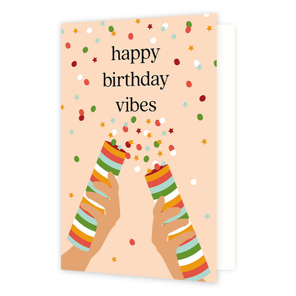 Happy birthday vibes - Formaat: Normaal - Vorm: Staand - Verjaardagskaart - Op deze wenskaart staan twee confettikanonnen die confetti blazen. Bovenaan staat de tekst: "Happy birthday vibes". - Snelwenskaart